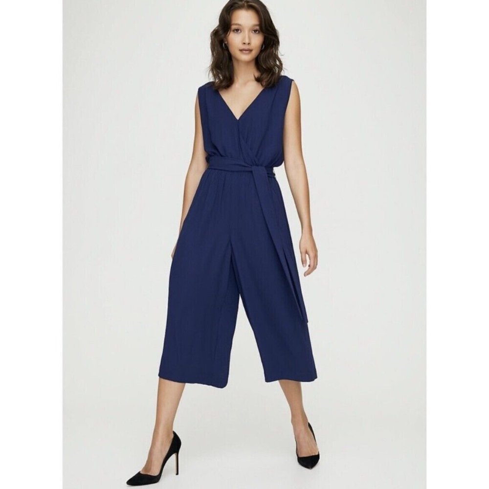 Aritzia Babaton Maxamillion Navy Blue Cropped Jumpsuit S Wide Leg Ankle Surplice